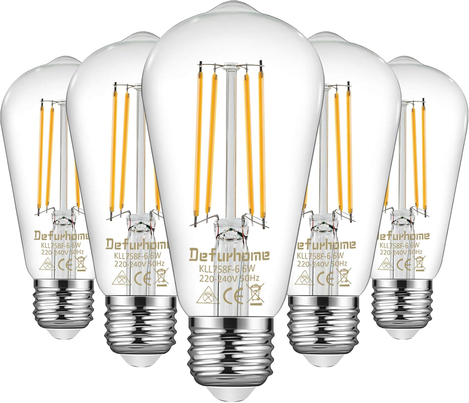 Defurhome ST58 E27 6W LED Edison Light Bulbs 60W Equivalent, Daylight White 5000K, Not Dimmable, Clear Glass