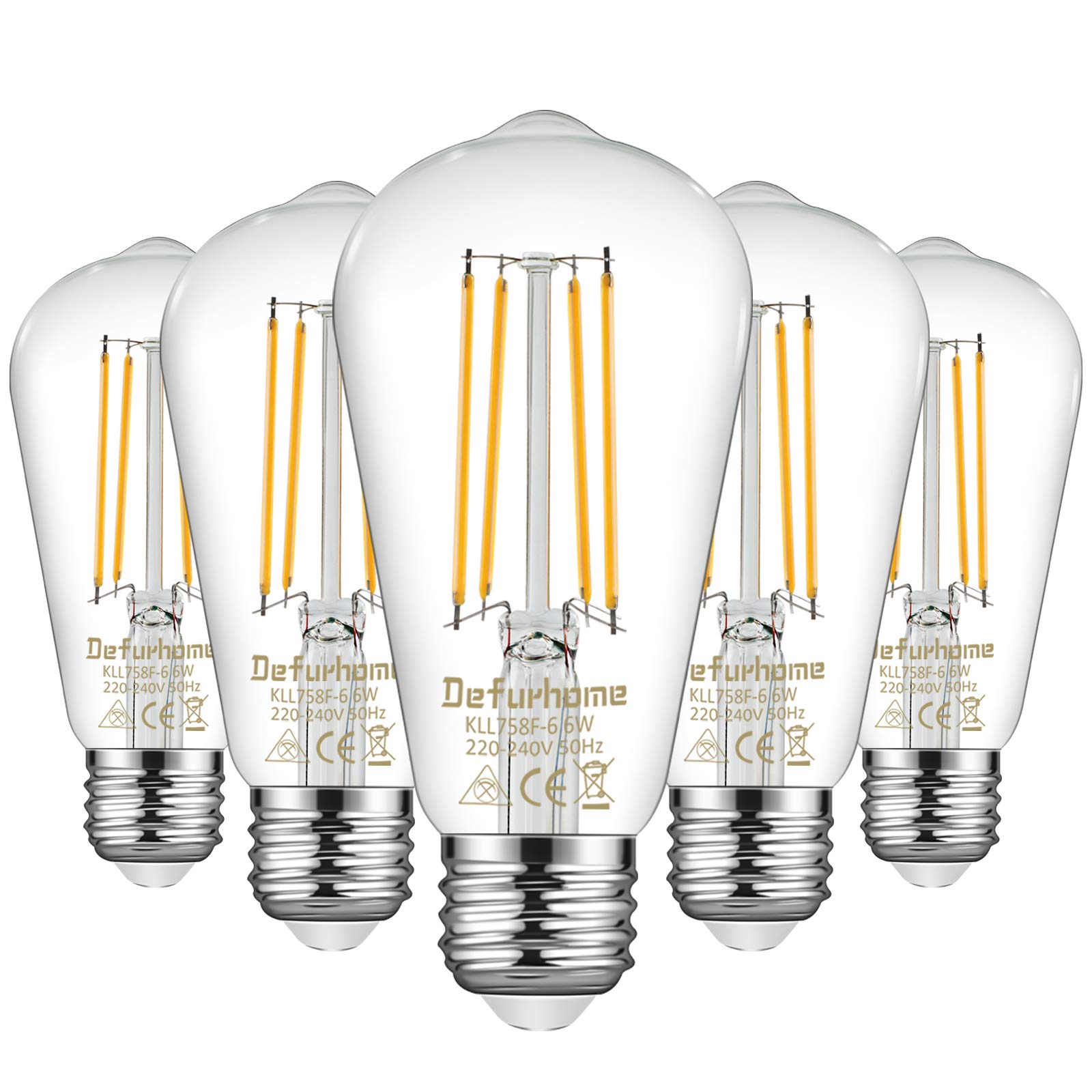 Defurhome ST58 E27 6W LED Edison Light Bulbs 60W Equivalent, Daylight White 5000K, Not Dimmable, Clear Glass, E27 Base Lamp for Home, Restaurant, Reading Room, Pack of 5