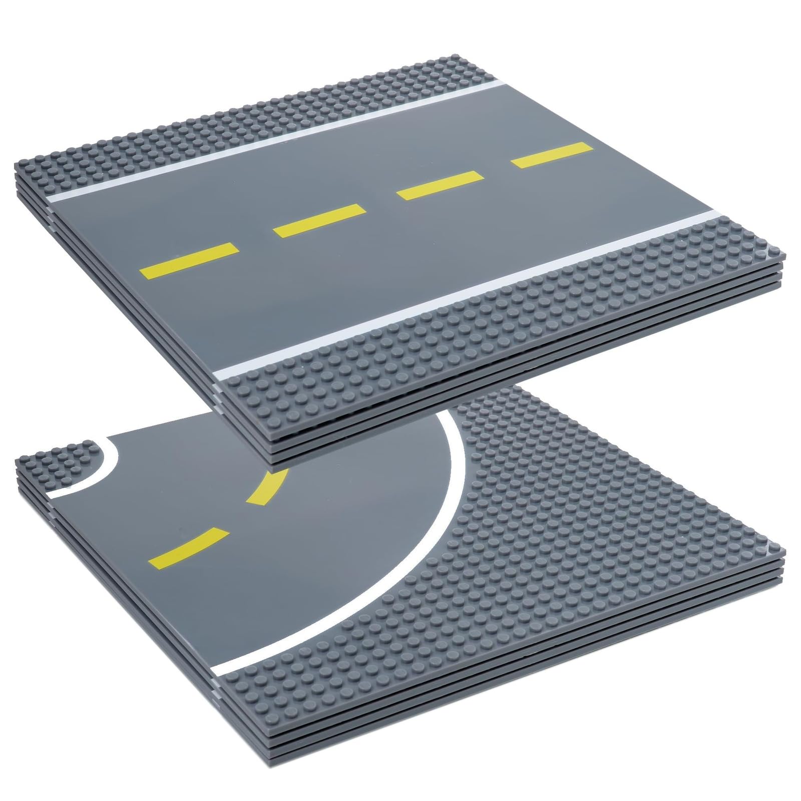 Strictly Briks Premium 25x25cm Gray Straight and Curved Road Base Plate - Set of 8 Stackable Baseplates - Compatible with LEGO Blocks, Compatible with LEGO Base Plates