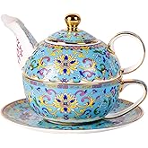 Tea for One, Porcelain Teapot and Cup Set, Vintage Tea Pot and Saucers Set, Ceramic Tea Set for Tea Party, Office and Home, Lake Blue Tea Cups and Saucer Set for Coffee, Cappuccino, Tea