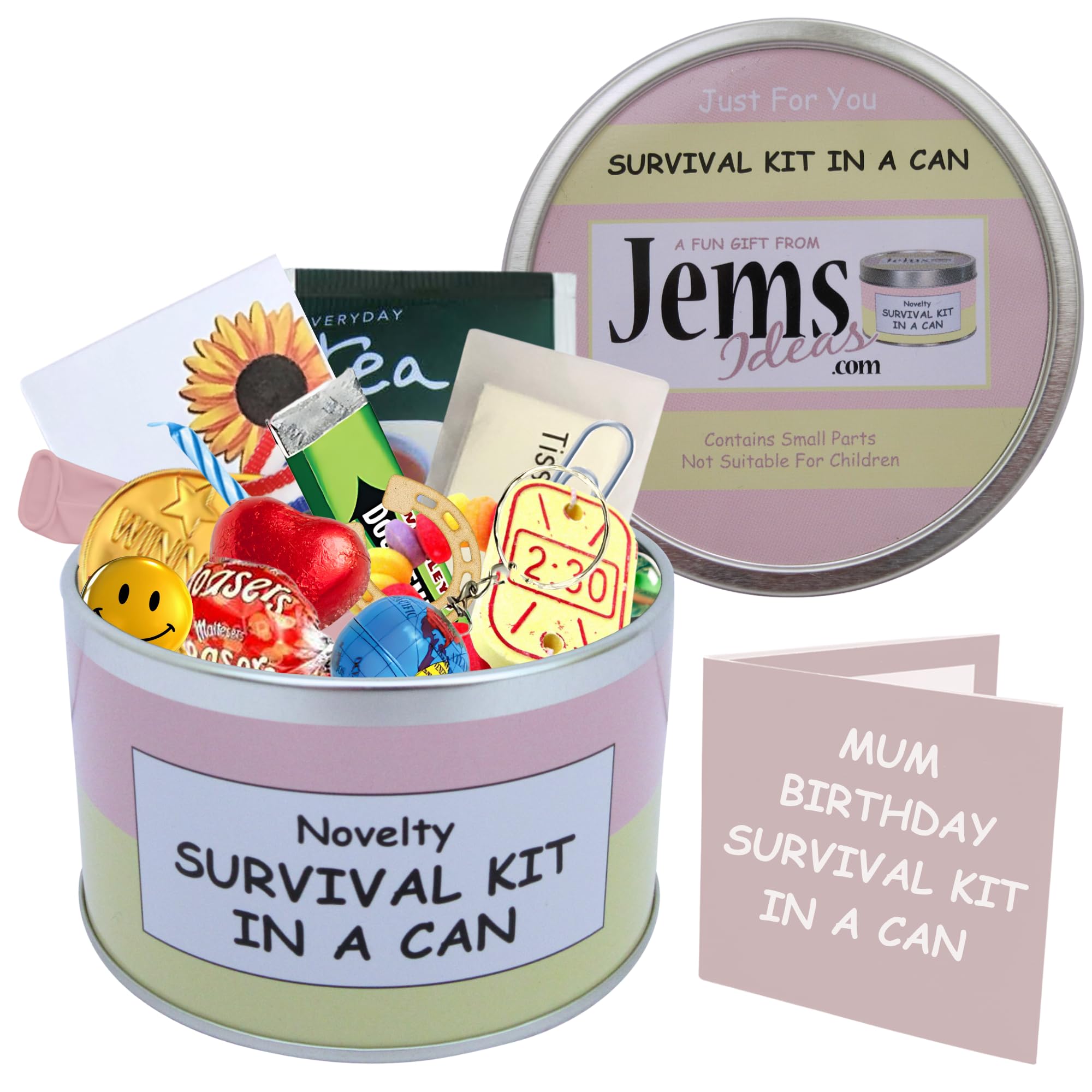 Survival Kit In A Can Mum Birthday Funny Novelty Gift for Mum – Unique Keepsake Present from Daughter or Son – Quirky Gift Box Packed with Fun for Her Special Day (Pink/Cream)