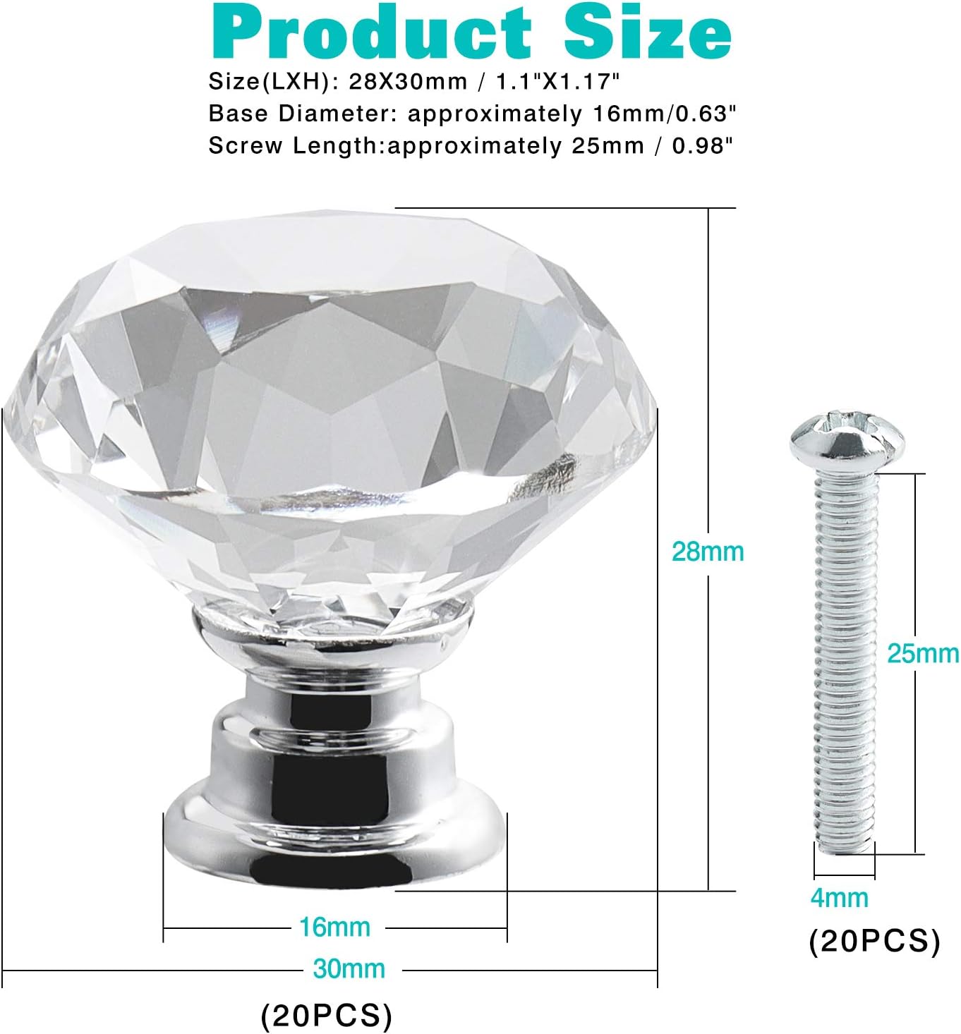 Fest 20pcs 30mm Transparent Crystal Glass Diamond Door Handle with Screws, high-end Light Luxury Handle for Wardrobe Cabinet Drawer Handle Single Hole Handle for Home Decoration - Image 3