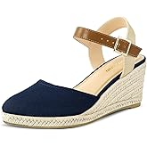 PIZZ ANNU Women's Espadrille Low Wedge Heel Sandals with Buckle Ankle Strap Close Toe Casual Dressy Summer Platform Shoes