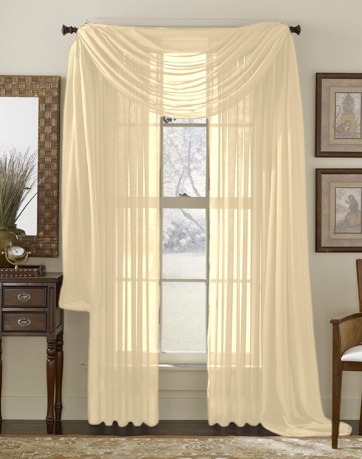 Interior Trends 3 Piece Fully Stitched Sheer Curtain Panel Window Drapes and Scarf Set of 2 Panels and 1 Matching Scarf 63" Long Beige B07XV6MQS4