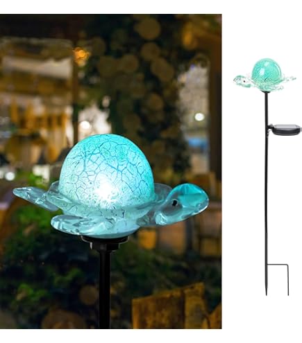 Solar Turtle Garden Stake Lights - Hand Blown Glass Outdoor Pathway Decor With Auto On/Off