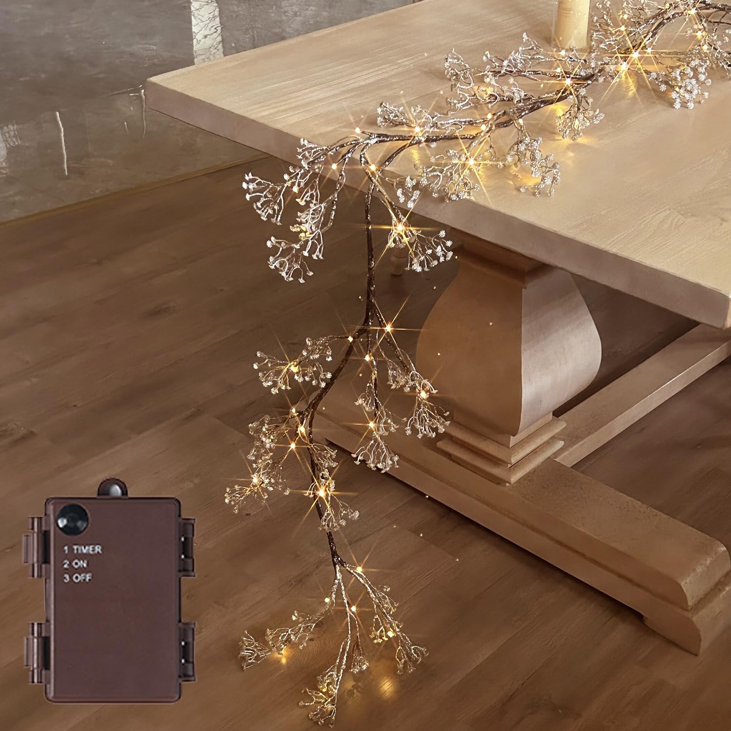 Photo 1 of Hairui Lighted Baby Breath Flower Garland Battery Operated with Timer 48L Warm White LED 6FT, Artificial Gypsophila Vine Lights for Thanksgiving Christmas Decor Indoor Outdoor Use