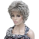 Lydell Women's Short Curly Wavy Wig Light Gray with Dark Root Synthetic Hair Full Wig 6 inches