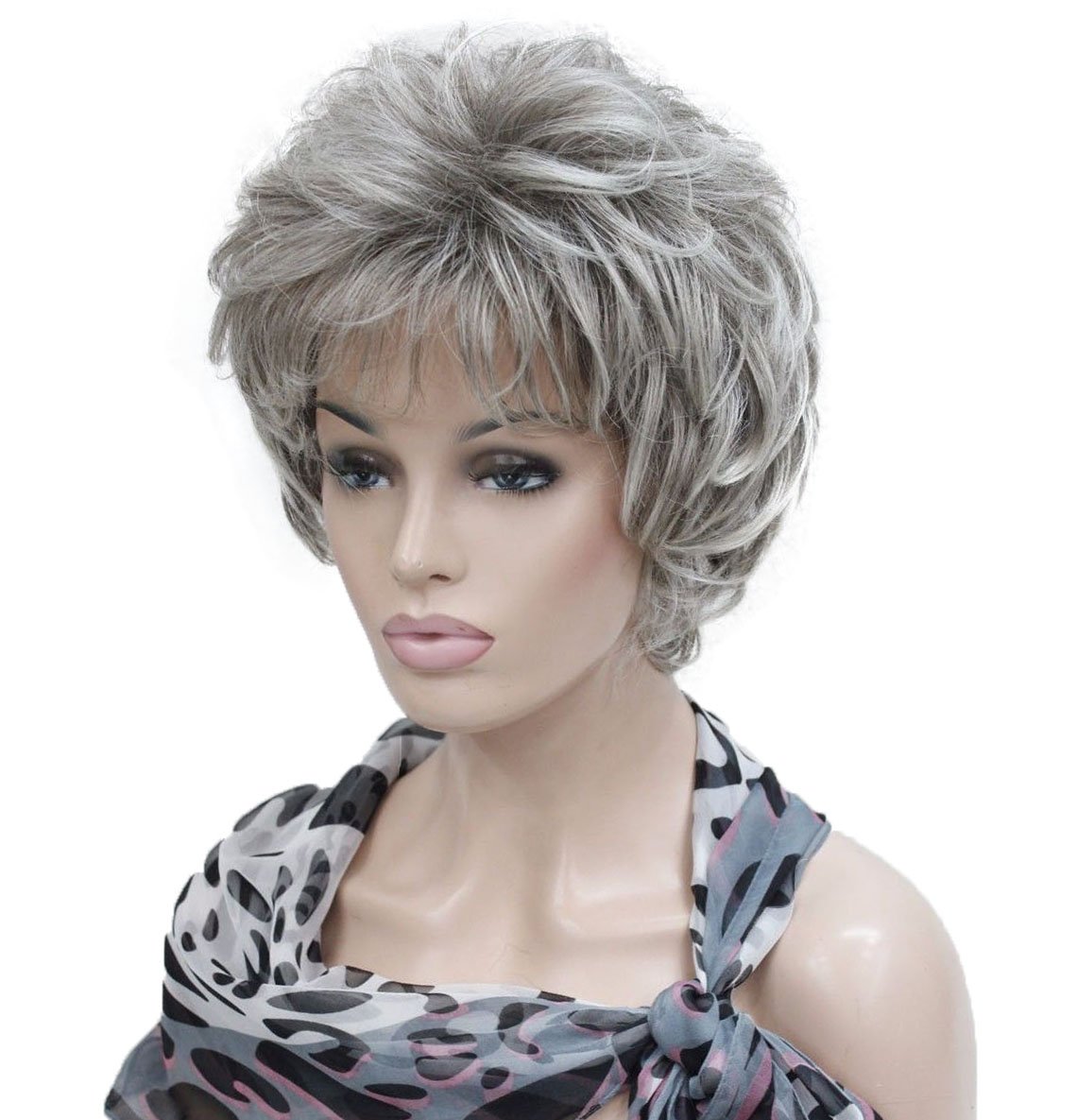 Photo 1 of Lydell Women's Short Curly Wavy Wig Light Gray with Dark Root Synthetic Hair Full Wig 6 inches