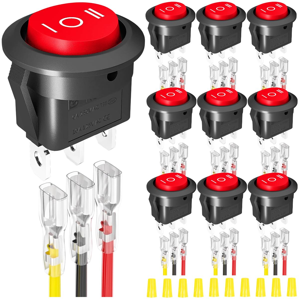 MKBKLLJY 10Pcs 2Way Round Rocker Switch 12V 3Pin 3Position ON/Off/ON 6A/250V AC 10A/125V DC SPDT 20mm Red Circle Toggle Switch with Terminal Wires for Auto Car Boat Household Appliance