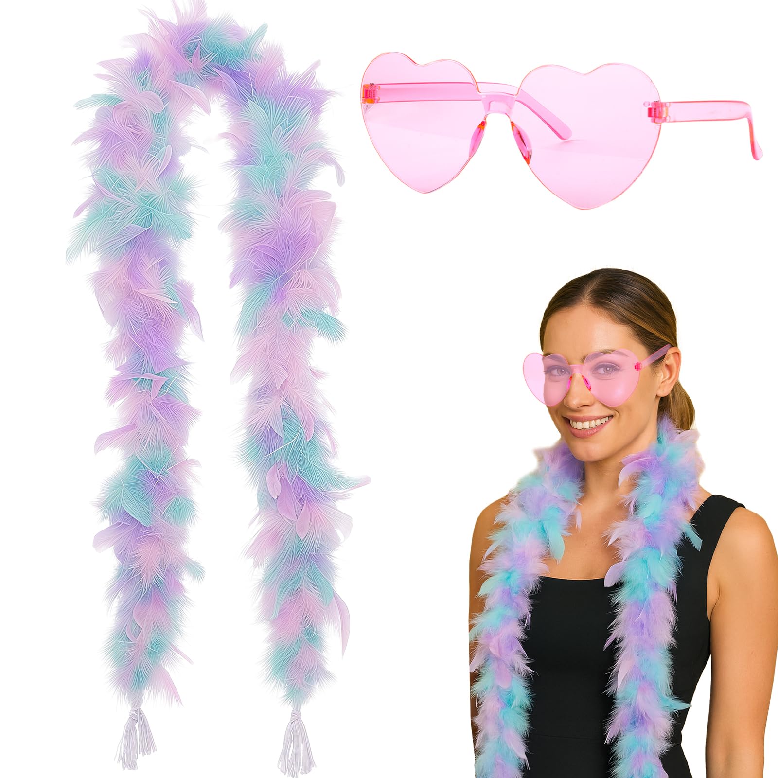 GWAWG 2PCS Feather Boa Set, Colorful Feather Boas for Women, White Feather Scarf for Christmas Wedding Centerpieces Halloween,Concert,Cosplay,With Pink Heart Sunglasses