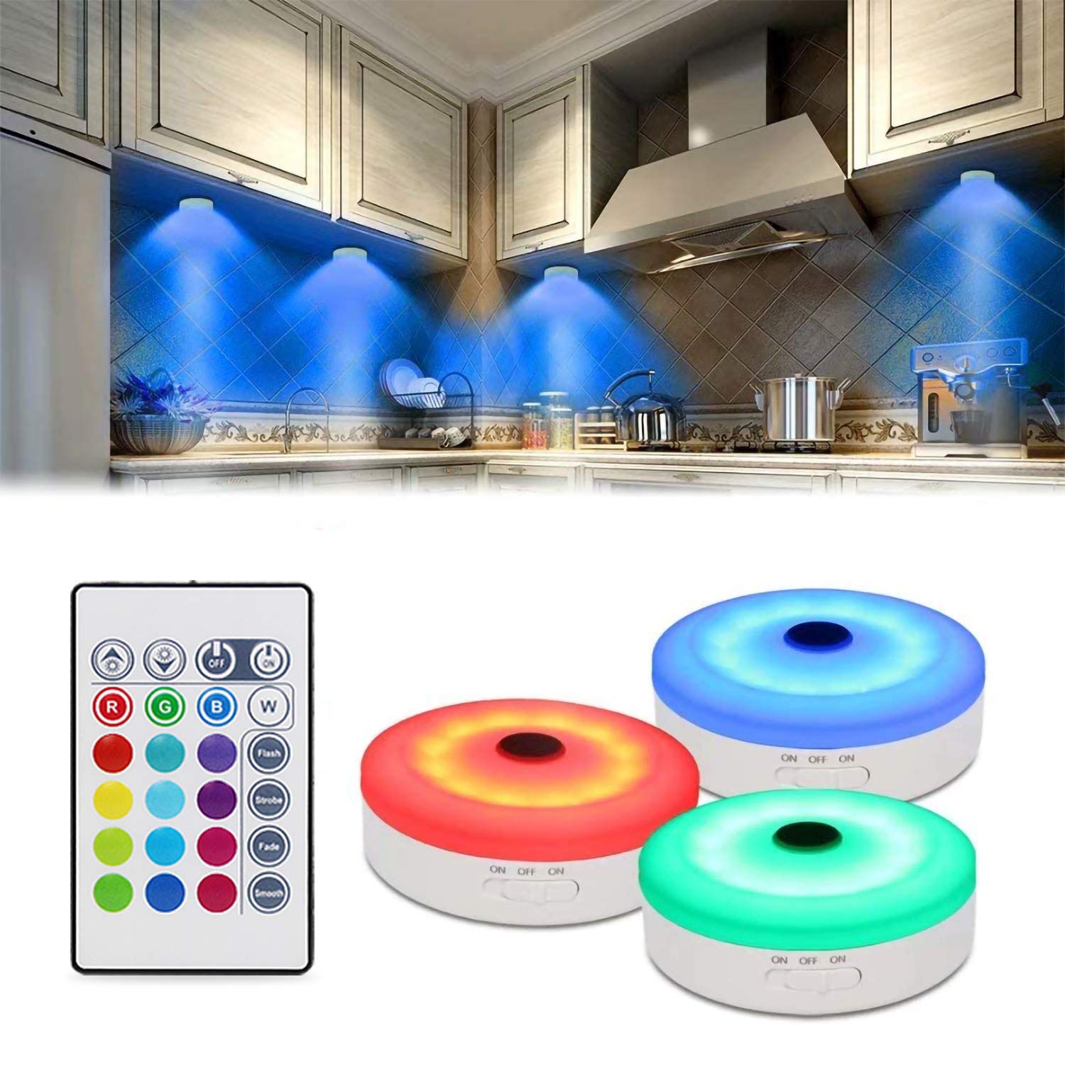 Bason RGB Led Cabinet Lighting with Remote Control, Touch Llamp Cabinet Light 16 Colors, Led Night Light, Button Light for Bedroom, Kitchen, Cabinet, 3 Pieces