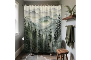 QGHOT Mountain Shower Curtain Green Forest Nature Shower Curtains for Bathroom Rustic Woodland Pine Tree Landscape Bath Decor Sets, Waterproof Polyester Fabric with Hooks, 70x72in