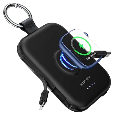 RORRY Portable Charger, 5000mAh Portable Charger Power Bank with Built-in Cables, Travel Keychain Battery Pack for Apple Watch Ultra/11/10/9/8/7/6/SE, iPhone Air/17/16/15/14/13/12, Black