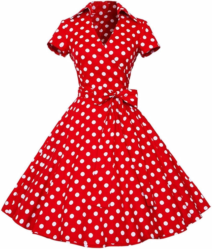 blue and white polka dot dress with red shoes
