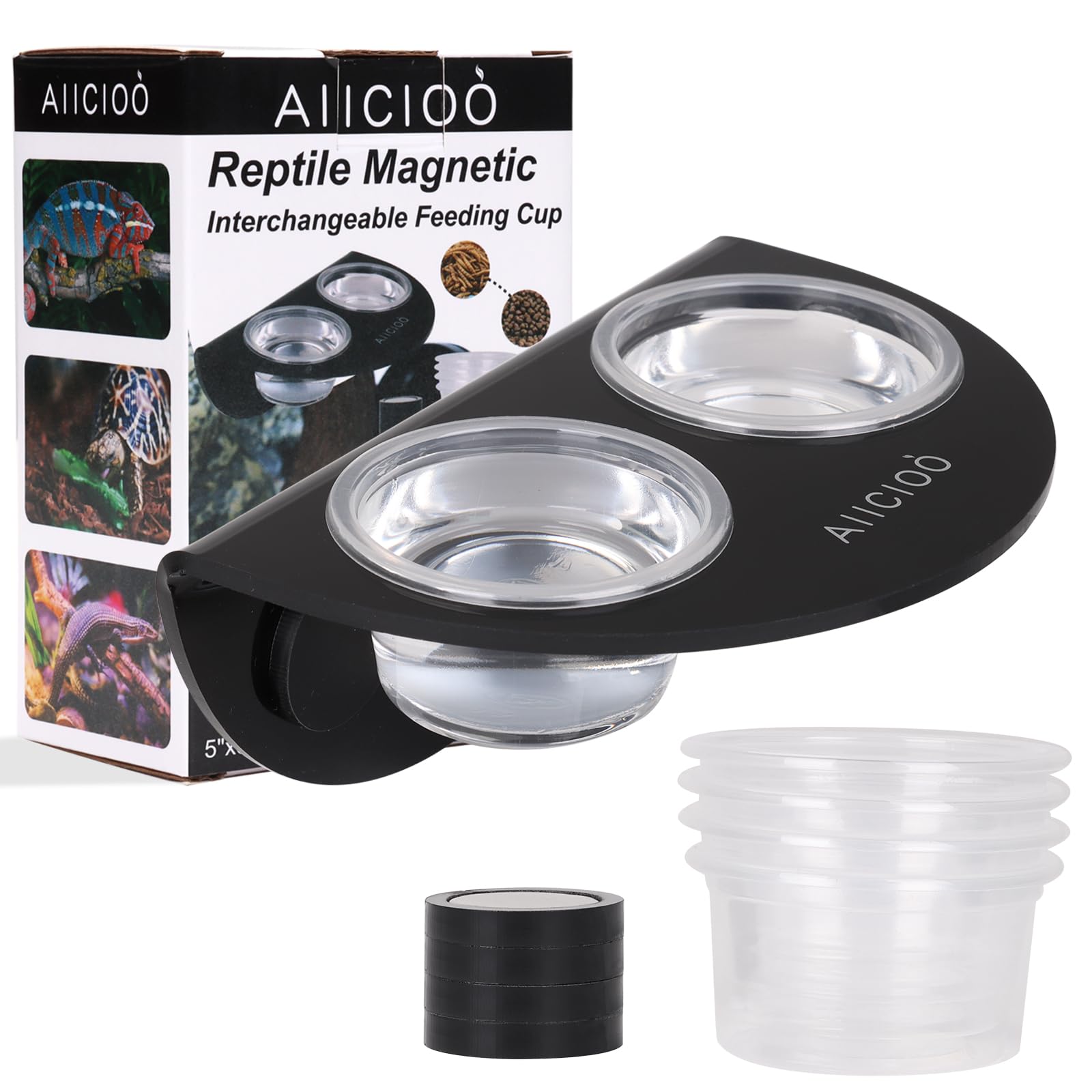 Photo 1 of AIICIOO Gecko Feeder Ledge with 6 Pack Plastic Bowls Crested Gecko Food Dish Strong Magnetic Reptile Food Feeder Water Dish for Chameleon Bearded Dragon Tank Accessories