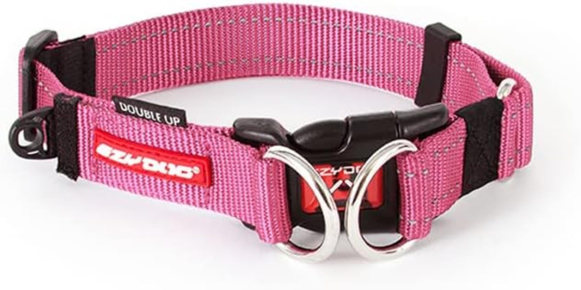 EzyDog Double Up Dog Collar - Reflective Dog Collar Medium with ID Tag D-Ring, For Small, Medium & Large Dogs - Supreme Comfort with Soft & Strong Nylon Webbing - Pink