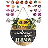 Interchangeable Welcome Sign with Led Lights, Welcome Sign for Front Door with 25 Interchangeable Replaceable Icons, Farmhouse Rustic Interchangeable Welcome Home Sign, for Spring Summer Fall All Seasons Holiday Halloween Christmas