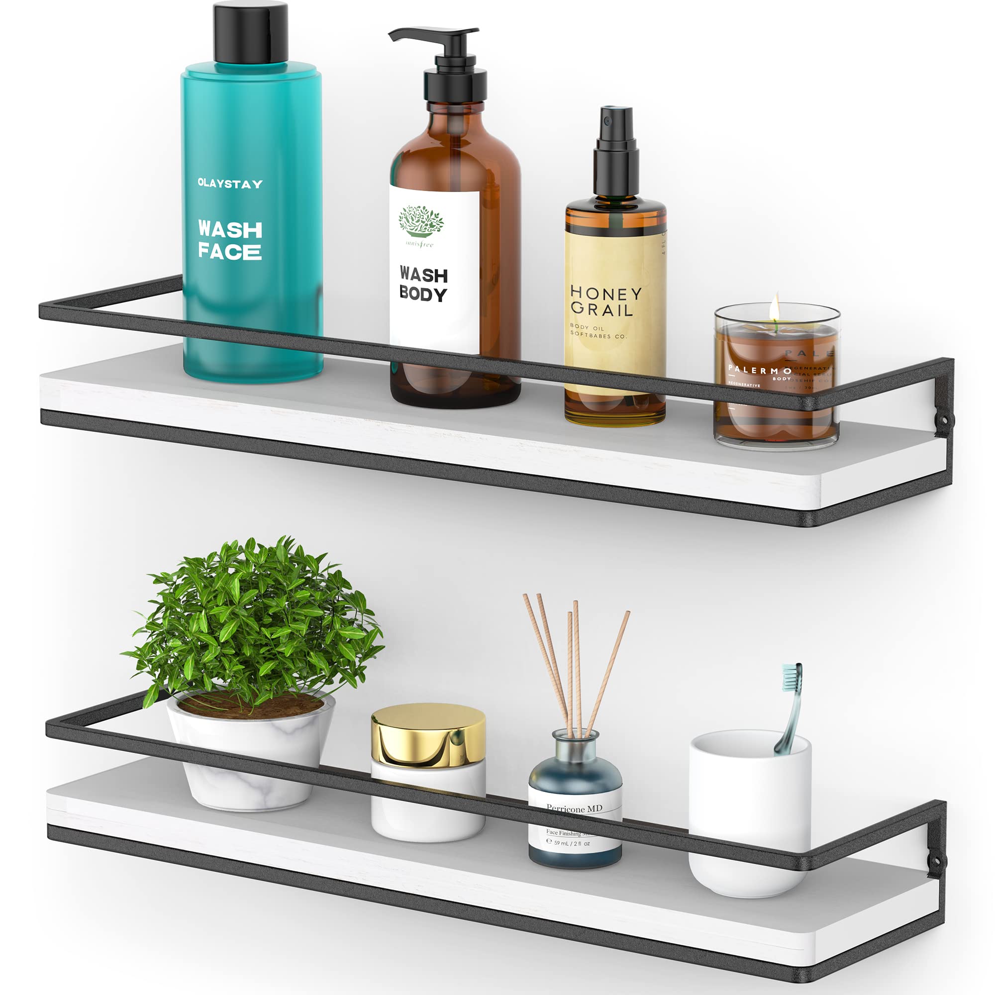 Photo 1 of **SCRAPE DAMAGE**Meangood Floating Shelves Wall Mounted Set of 2, Rustic Wood Wall Storage Shelves for Bedroom,Living Room,Bathroom, Kitchen (White)