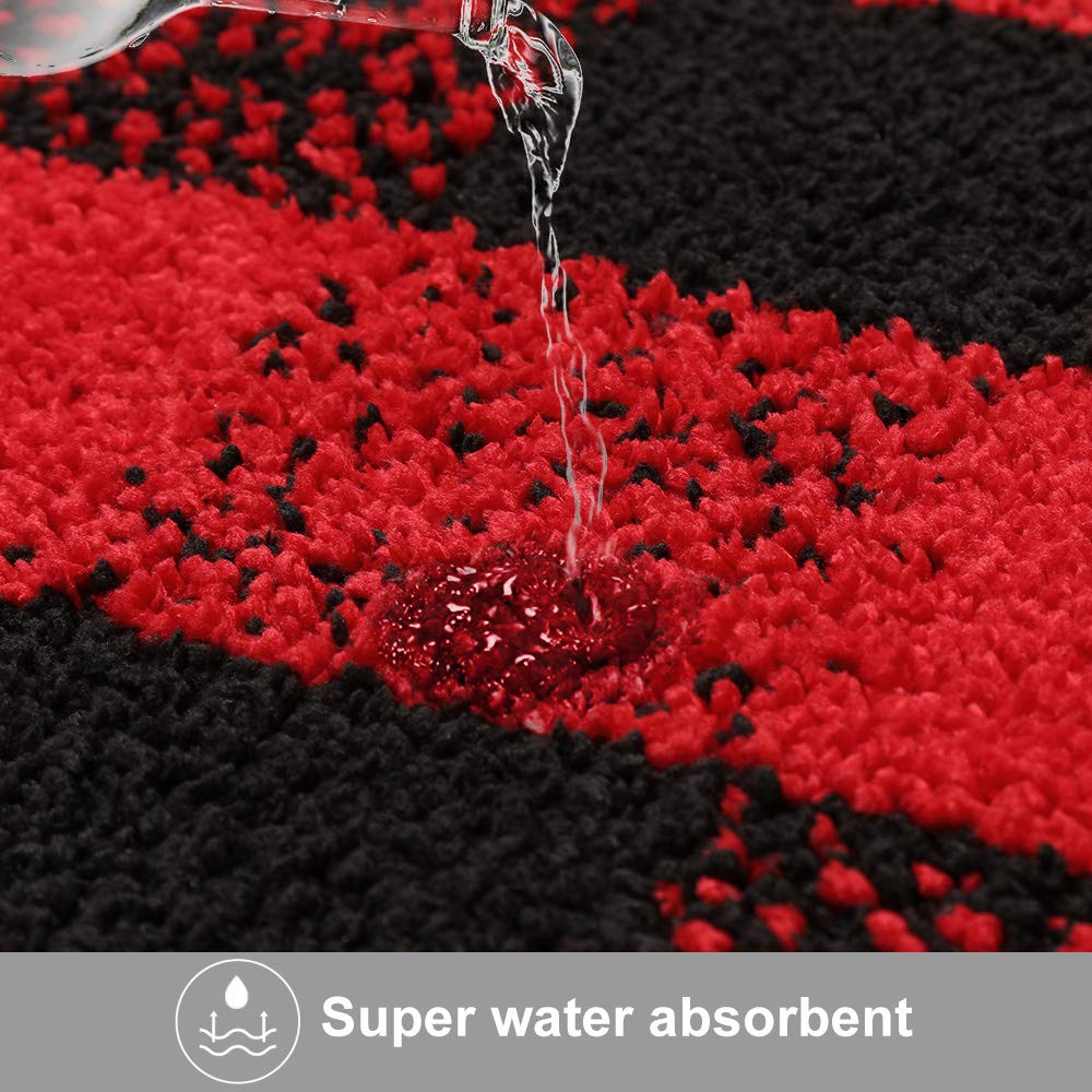 Carvapet 2 Pieces Buffalo Plaid Check Rug Set Water Absorb Microfiber Non-Slip Kitchen Rug Bathroom Mat Checkered Doormat Carpet for Laundry (17"x48"+17"x24", Black&Red) - Image 3