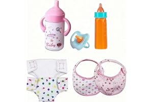 7 Pcs Baby Doll Accessories Set Include Disappearing Milk and Juice Bottles, Pacifier, Bibs, Diapers, Baby Doll Feeding Set f