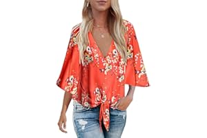 Bluetime Womens Summer Tops Boho 3/4 Sleeve V Neck Tie Front Shirts Casual Floral Blouses