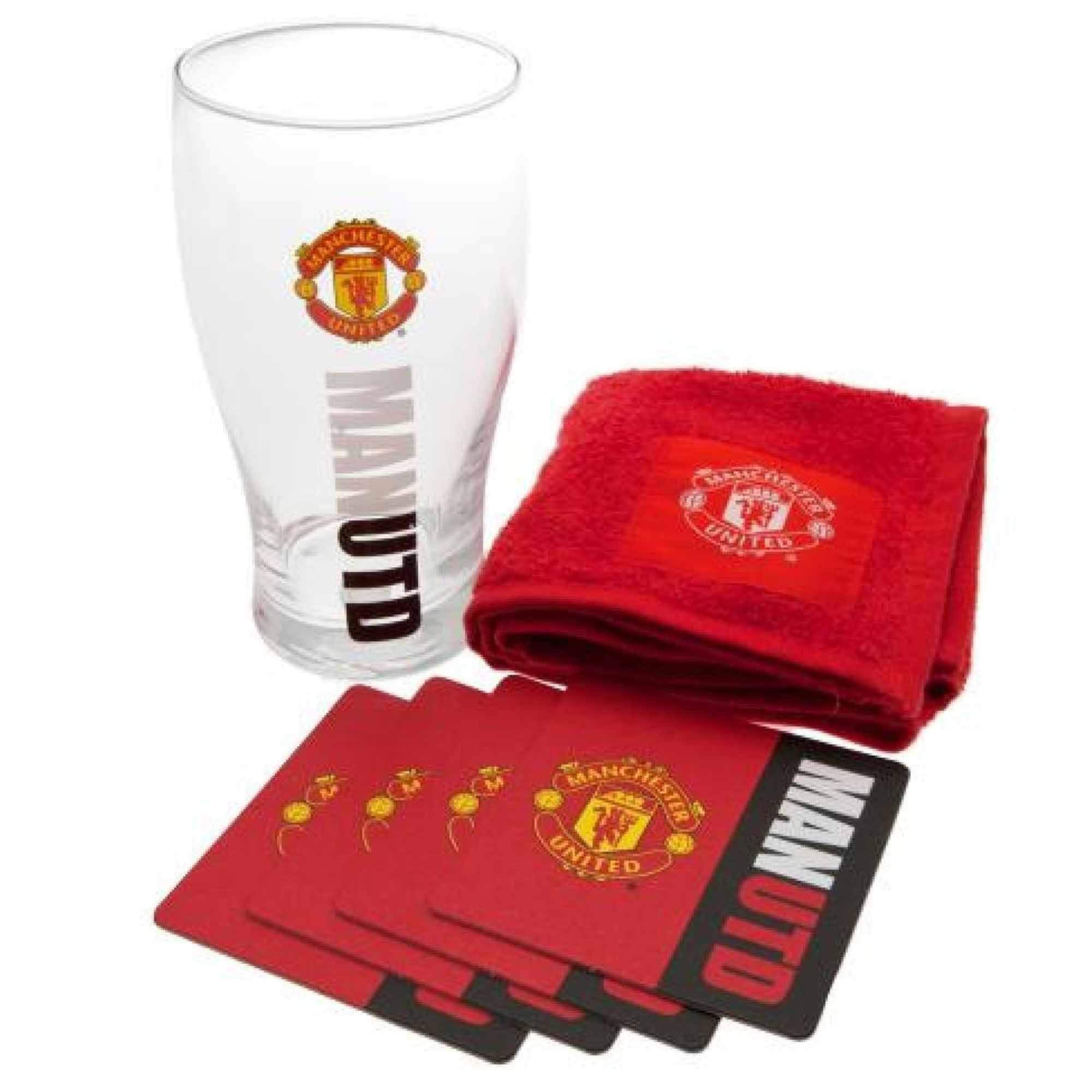 Official Manchester Utd Mini Bar Set (Pint Glass, Bar Towel & Coasters)