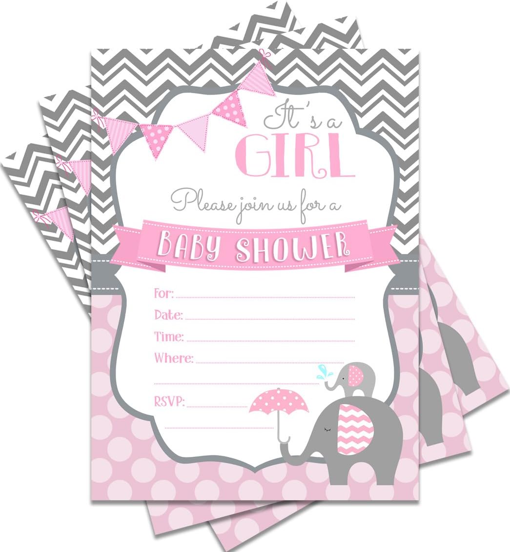 Amazoncom 25 Pink Baby Shower Invitationsits A Girl 5x7 Elephant Theme Print With Envelopes Office Products