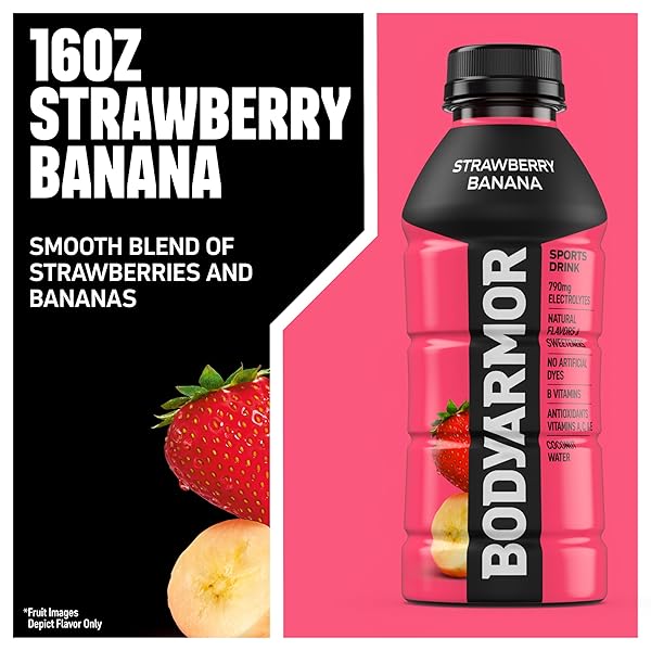BODYARMOR SPORTS DRINK SPORTS BEVERAGE, STRAWBERRY BANANA, COCONUT WATER HYDRATION, NATURAL FLAVORS WITH VITAMINS, POTASSIUM-PACKED ELECTROLYTES, PERFECT FOR ATHLETES, 16 FL OZ (PACK OF 12)