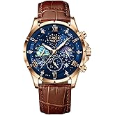LIGE Waterproof Watches for Men Analog Dress Water Proof Chronograph Work Casual Leather Water-Resistant Lunar Phase Display Quartz Wristwatch with Date & Luminous Men's Wrist Watch