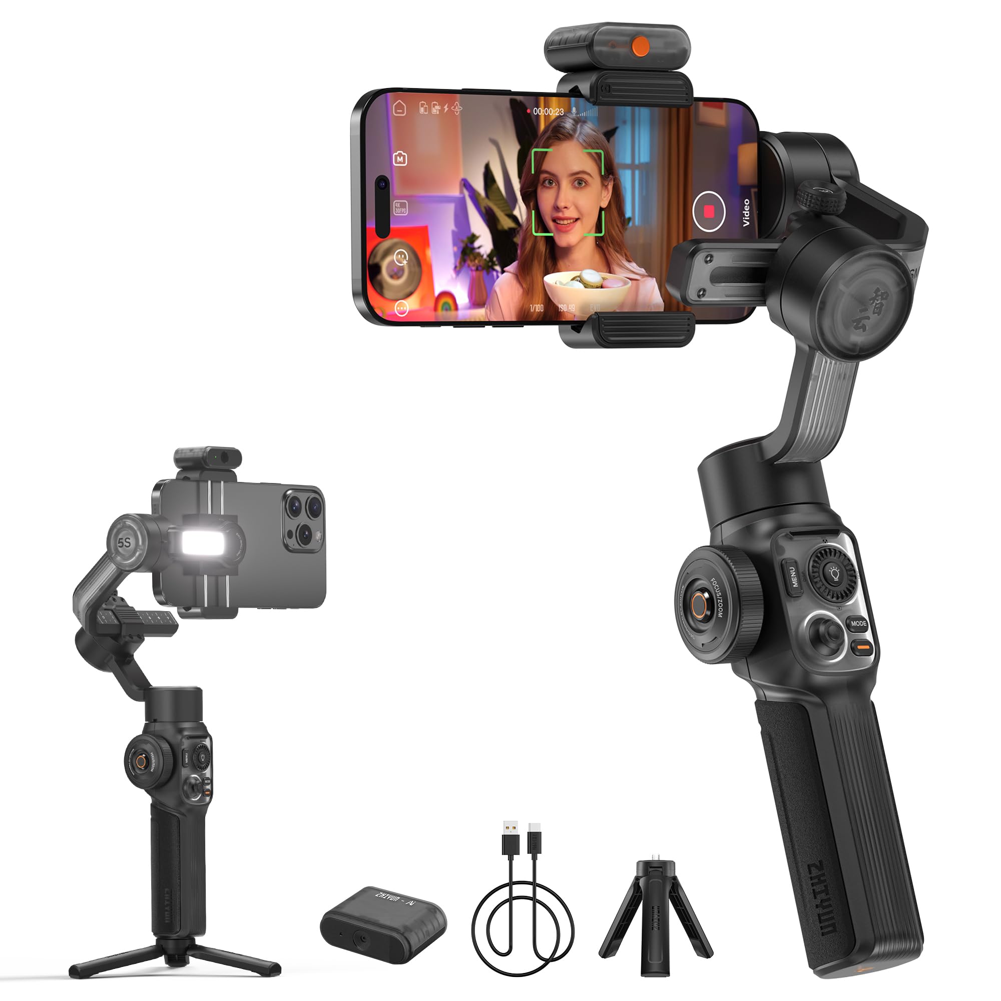 ZHIYUN Smooth-5S AI Combo[Official] AI Smartphone Gimbal, Gimbal Stabilizer 3-Axis, Mobile Phone Gimbal, with Tripod, Mobile Phone Stabilizer, for Vlog, YouTube, TikTok