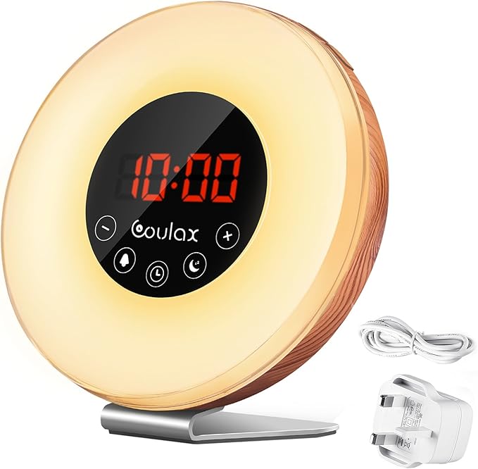 Sunrise Alarm Clock COULAX Wood Wake Up Light Sunlight Sunset Simulation with 6 Nature Sounds