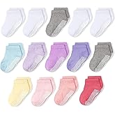 CozyWay Girls Non-Slip Ankle Socks - Soft Cotton Grippy Ankles - Slip-Resistant Design for Girls Socks with Grips - Low-Cut Fit, 5-7 Years, 14-Pack