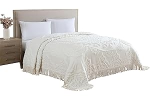 Beatrice Home Fashions Queen, Ivory, Lotus Medallion 100% Cotton Chenille Bedspread, Soft, Cozy, Lightweight, Fringe