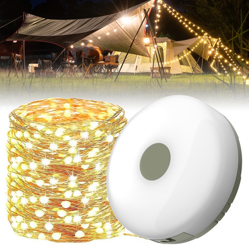 KUWUNG Outdoor Waterproof Portable Stowable String Light, 10m Retractable LED Tent Camping Fairy Lights, Warm White