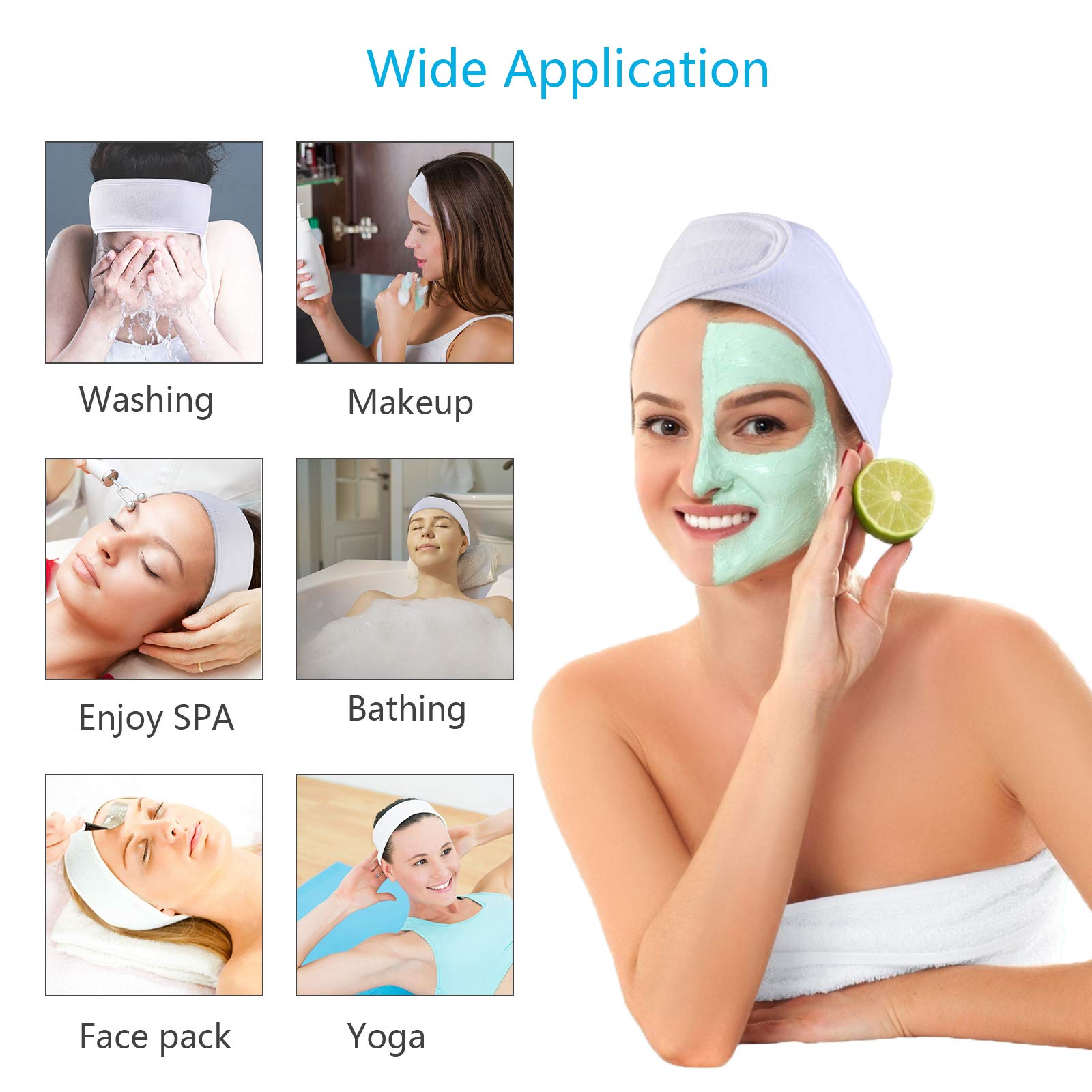 KATOOM Spa Headband 4pcs Makeup Headbands Facial Cosmetic Headband Terry Cloth Head Band with 10pcs Rubber Band for Shower Washing Face Yoga Sport Make Up (White)