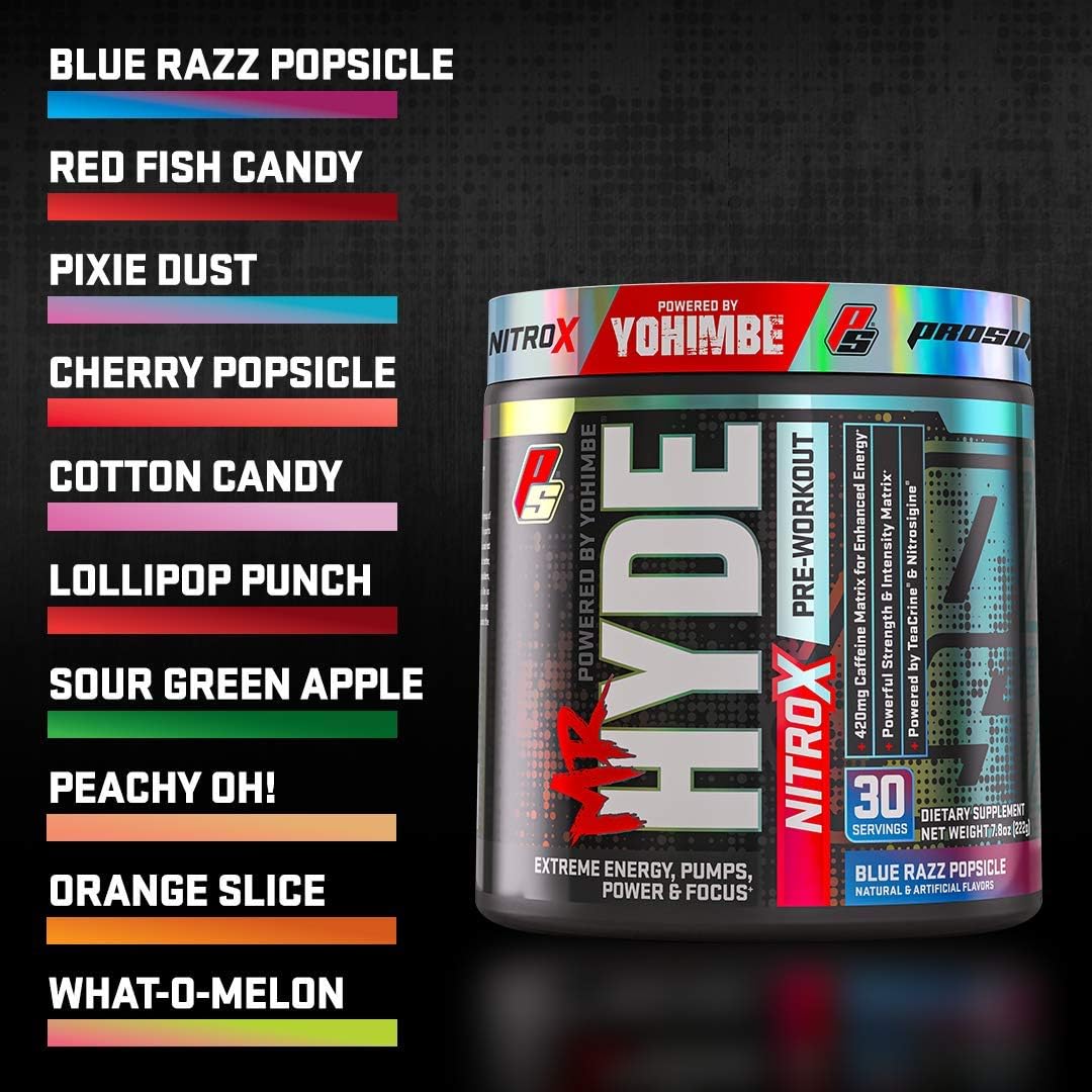ProSupps® Mr. Hyde® NitroX Pre-Workout Powder Energy Drink - Intense Sustained Energy, Pumps & Focus with Beta Alanine, Creatine & Nitrosigine, (30 Servings, Blue Razz Popsicle): Health & Personal Care