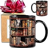 Cat Book Coffee Mug Gifts for Book Lovers, Bookish Mug Gifts for Readers, Library Bookshelf Cup, Cat Lovers Black Mugs 11oz