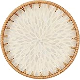 Kmelep Round Rattan Tray with Mother of Pearl Inlay, Rattan Serving Tray with Wooden Base, Decorative Wicker Basket for Table Decor, Storage and Display of Coffee Bread Food Fruit (Leaf 2)