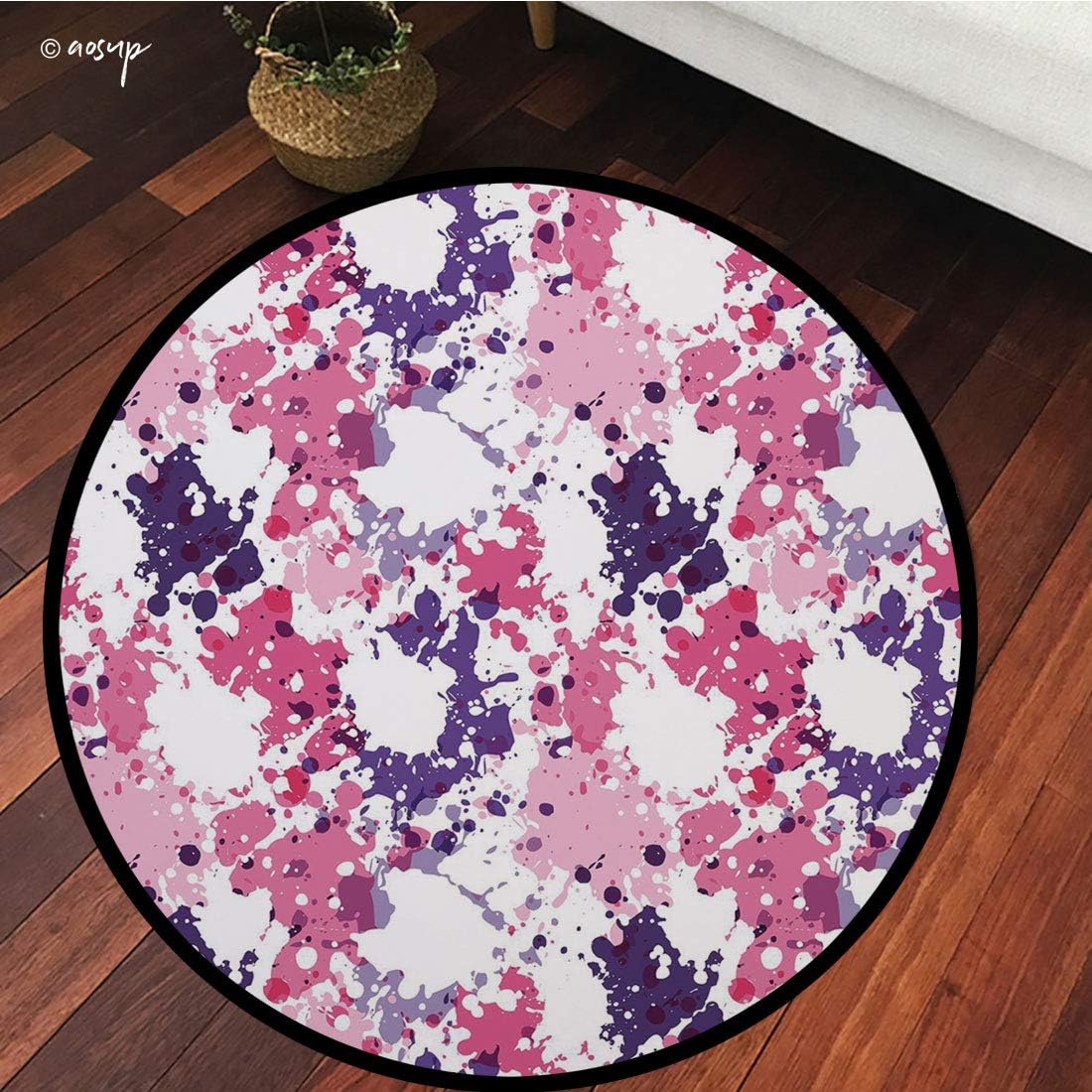 №10249 Round Area Rug Floor Kitchen Carpet, Art,Pattern with Paint Blobs Splashes Stained Dirty Look Watercolor Abstract Design, Purple White, for Home Decor