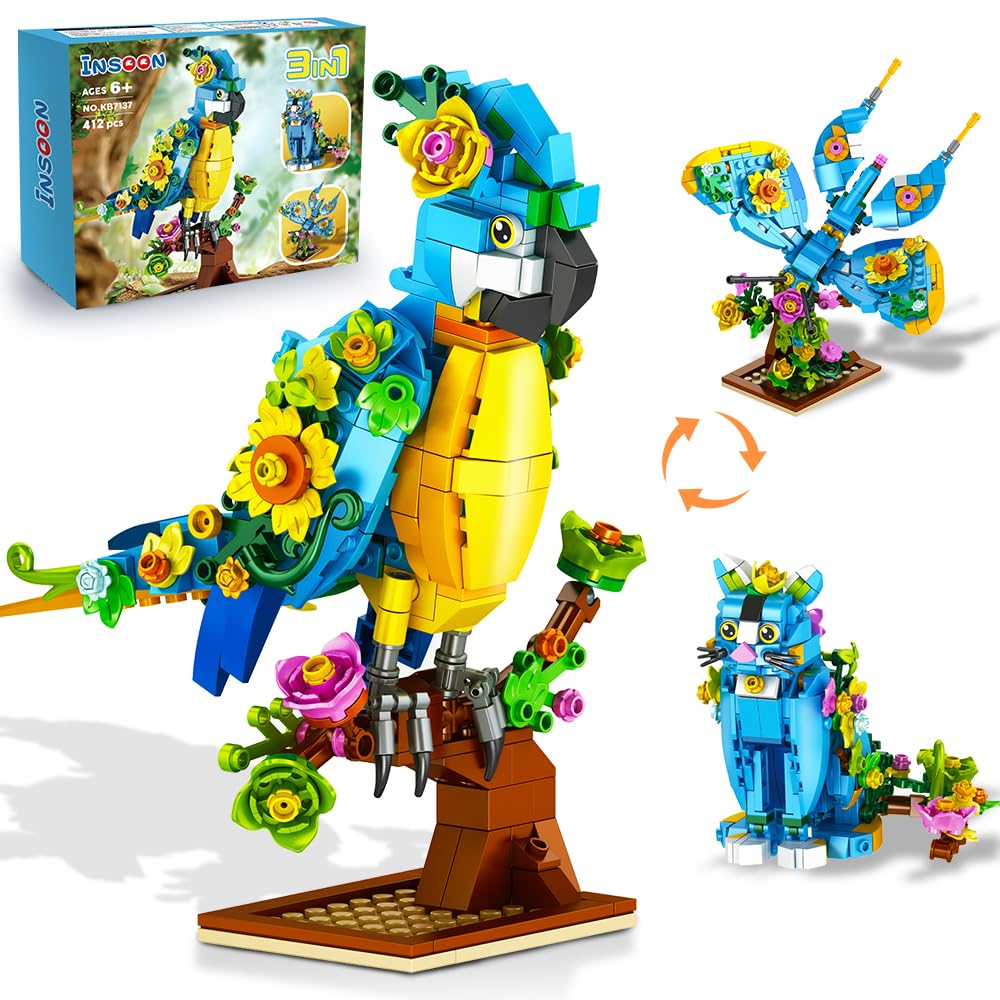 Photo 1 of INSOON 3 in 1 Flower Cat Parrot Butterfly Building Set, Animal Figures Building Toy for Home Office Art Decor, 412 PCS Building Block Easter Gift for Kids Boys Girls Ages 6 7 8 9 10 11 12+ Adults