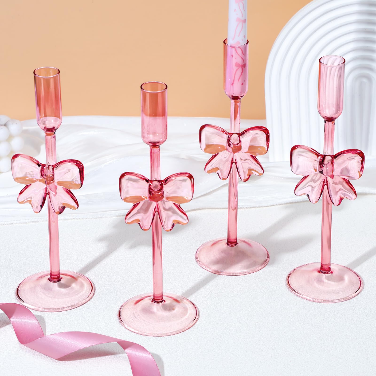 Photo 1 of Mumufy Valentines Bow Candle Holders Pink Coquette Bow Glass Candlestick Holders Coquette Pink Decor for Valentines Mother's Day Nurses' Day Gift Wedding Bridal Shower Birthday Candlesticks Taper