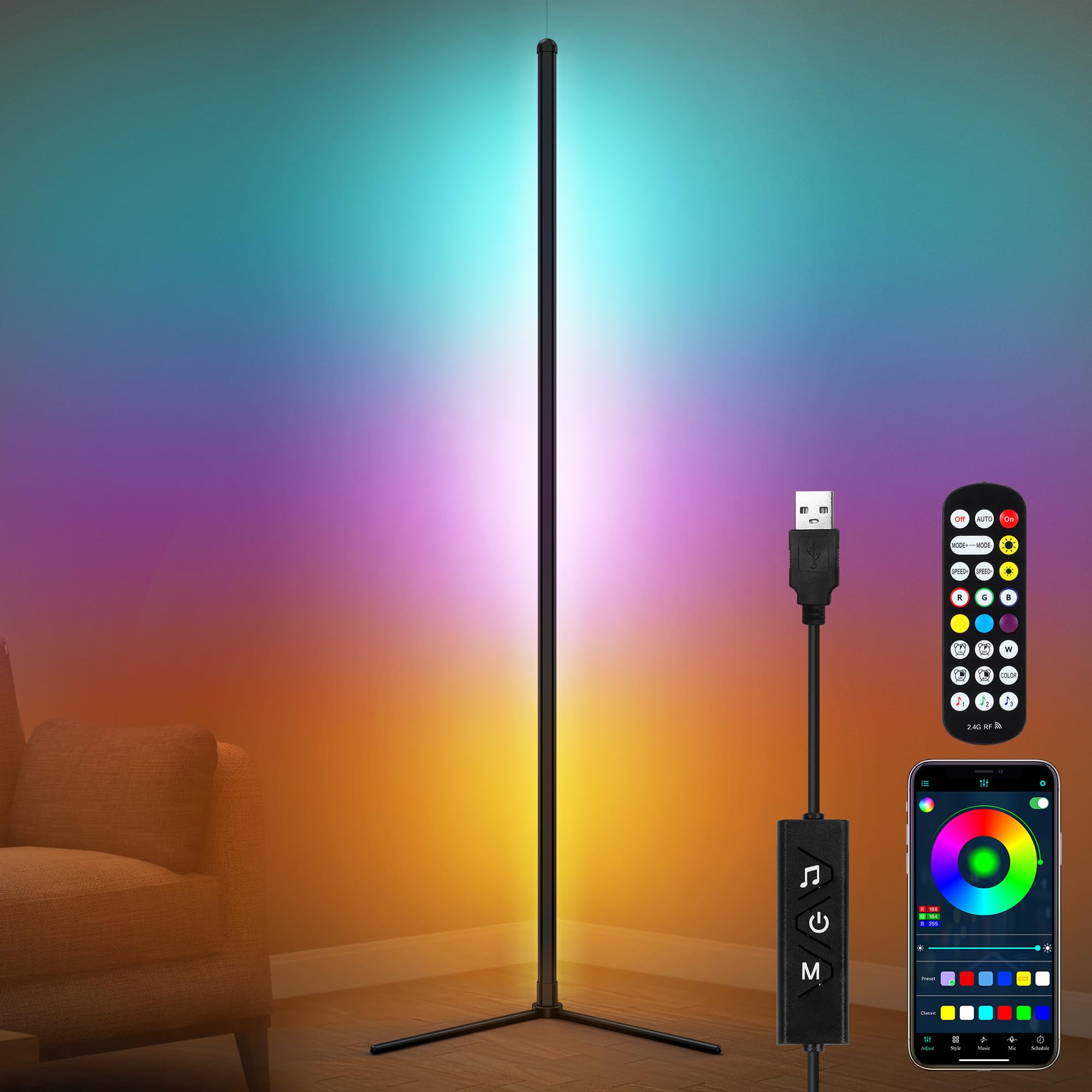 TOCLL LED Corner Floor Lamp 61.5" Corner Light RGB Floor Lamp for Living Room Smart Mood Lighting with Remote&App,Music Sync,Timing,16 Million DIY Colors Corner Lamp for Bedroom,Game Lights