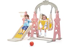 NYEEKOY 3-in-1 Kids Slide for Toddlers Slide and Swing Set,Indoor Playground for Children,Freestanding Outdoor Slides with Basketball Hoop,Outside Climber Playhouses,Baby Climbing Toys