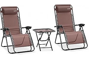 SereneLife Outdoor Zero Gravity Lounge Chair Set with Table – 2 Adjustable Recliners with Cup Holders, Headrest, Steel Frame 