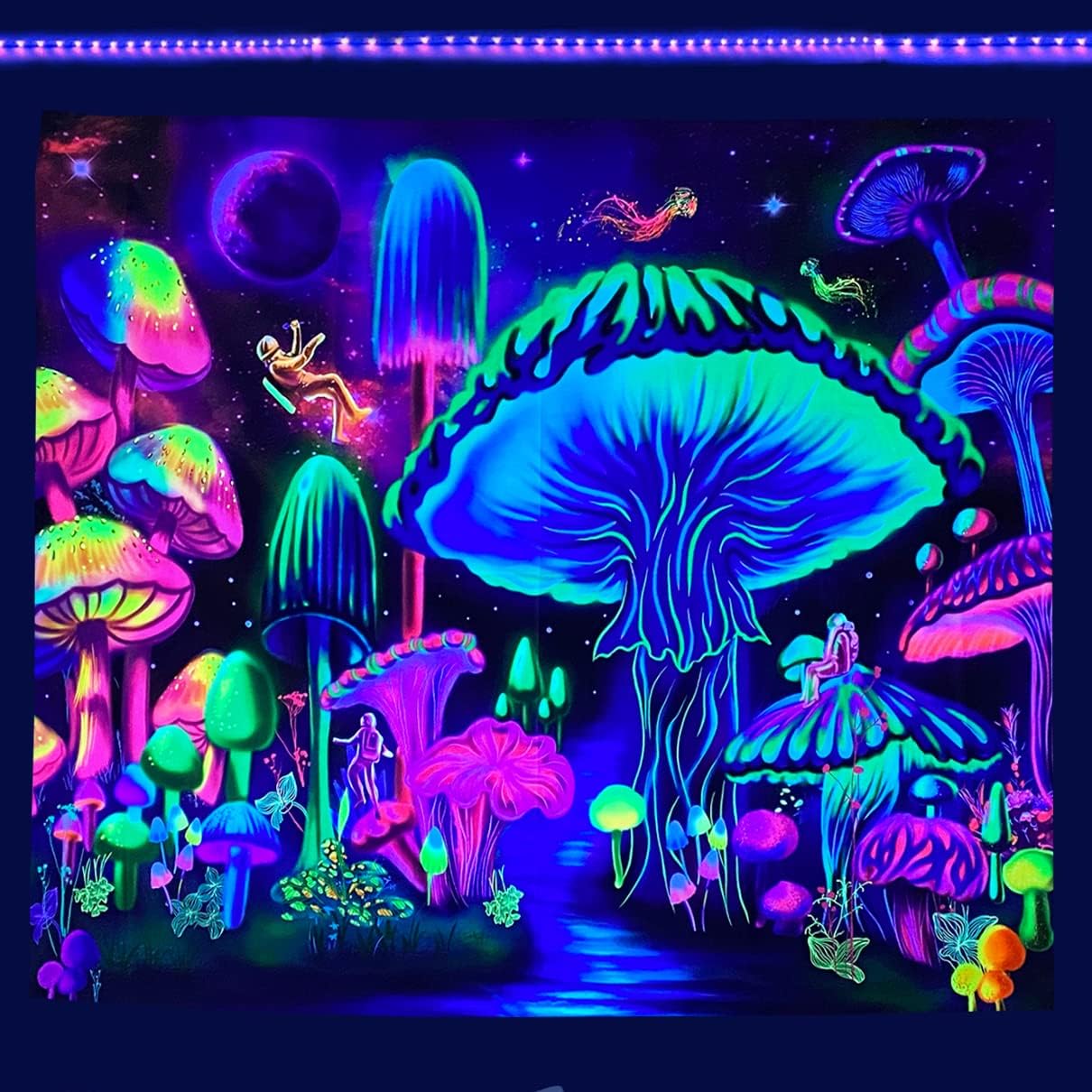 Tapestries - Blacklight Mushroom Tapestry Glow in the Dark Blacklight Posters Mushroom Decor Wall Hangings Astronaut Jellyfish Tapestry Black Light Mushroom Tapestry Blacklight Fantasy Forest Tapestry Galaxy Stars