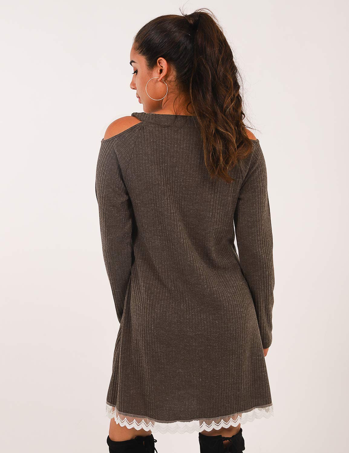 Blooming Jelly Women\'s Casual Cold Shoulder Lace Sweater Dress Long Sleeve Pleated Knit-Ribbed Swing Tunic Dress(M, Brown)