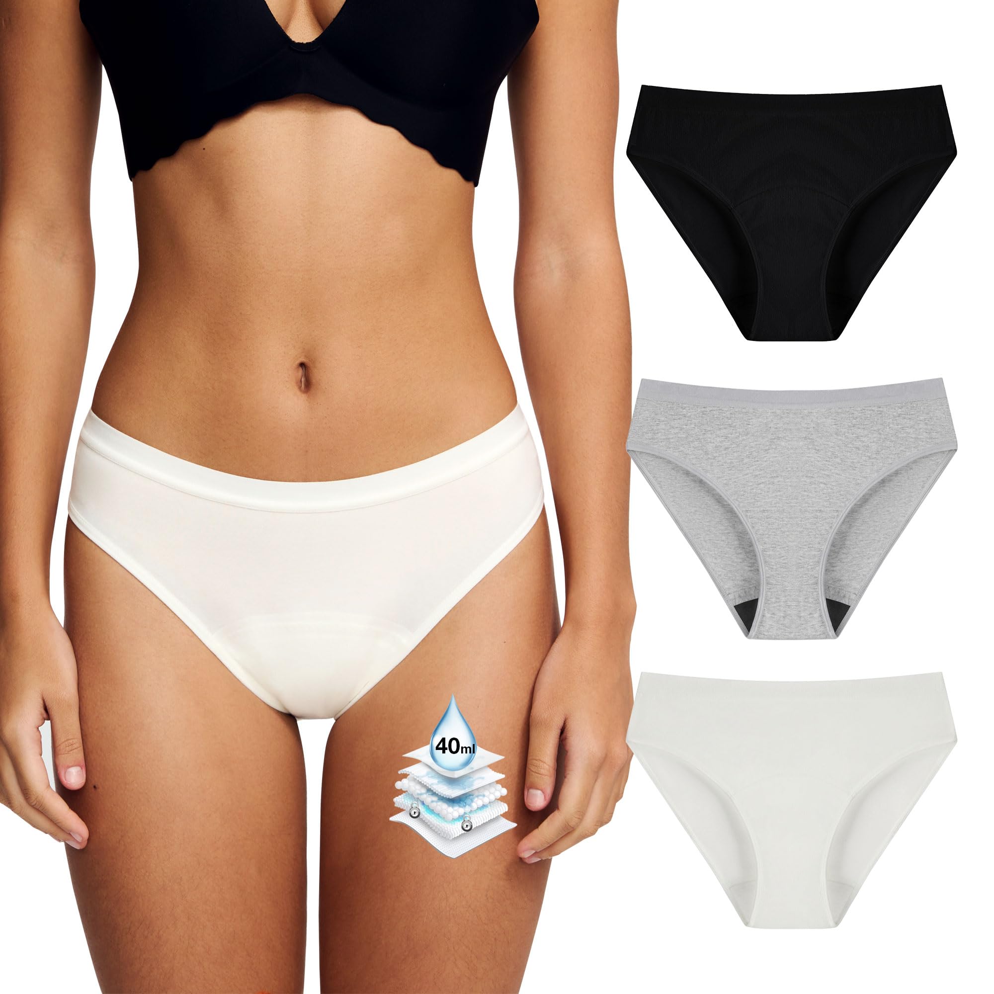 Photo 1 of Battewa Leak Proof Underwear for Women Incontinence Underwear Teens Ladies Cotton Leakproof Panties Bikini Absorbent 40ml,3Pack (3Color,X-Large)
