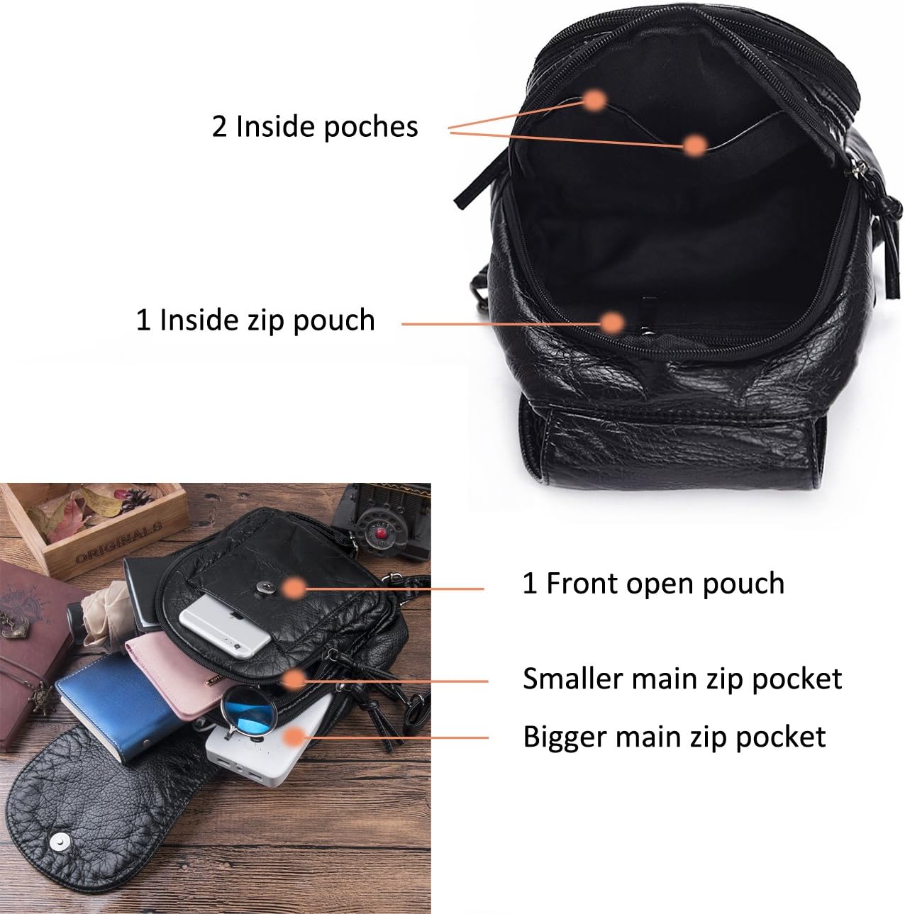 Hengwin Small Backpack for Women PU Leather Convertible Ladies Backpack Small Waterproof Backpack Handbag Travel Hiking Backpack with Multiple Pockets Spacious Compartments (Black) - Image 4