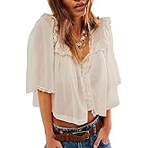 Women Chiffon Blouses Vintage Ruffle Hem Mesh Shirt Short Sleeve Button Down Babydoll Top Summer Y2k Going Out Tops