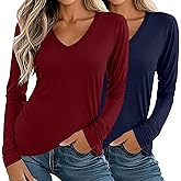Ficerd 2 Pack Women's Long Sleeve T Shirts, Casual V Neck Tunic Tops Basic Loose Solid Tees Irregular Hem Blouses Outfit 2025